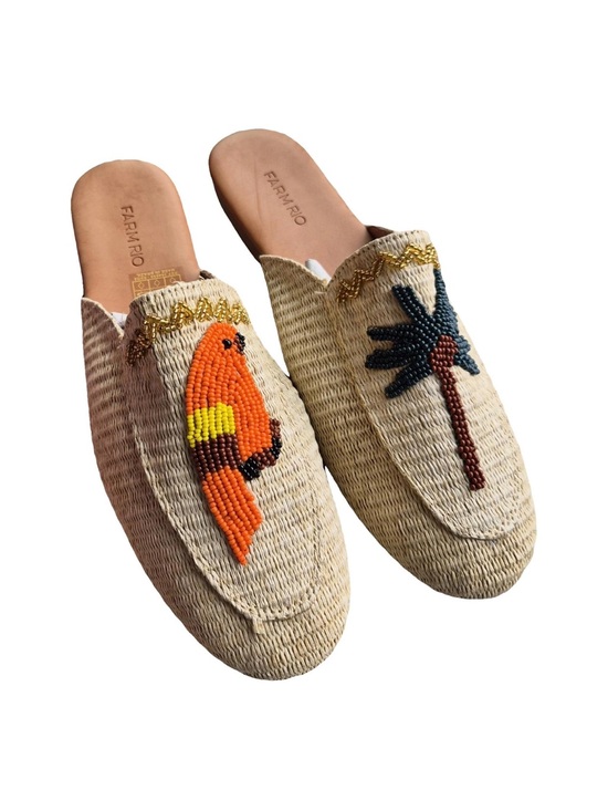 FARM Rio Shoes - FARM Rio Macaw Beige Woven Slip-On Mules w/Beaded Palm Tree & Parrot, NIB, 10/42